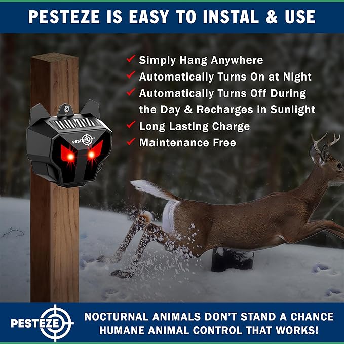 2 Pack PESTEZE Reusable Solar Nocturnal Animal Repeller. Flashing Red Light Deters Unwanted Animals Like Skunk, Deer, Coyote, Fox, Wolf, Rabbitt, Raccoon & Birds to Protect Property & Livestock