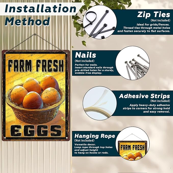Vintage Farm Chicken Metal Sign Fresh Eggs Metal Poster Home Bathroom Kitchen Farmhouse Garden Coffee Retro Aluminium Sign Art Wall Decor Plaque 16x12 Inch