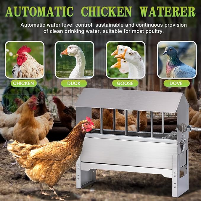 Automatic Chicken Waterer Metal Chicken Water Feeder Stainless Large Chicken Waterer System Auto Poultry Waterer Dispenser with Stand Legs for Pigeon, Duck, Goose, Geese,Quail,Turkeys