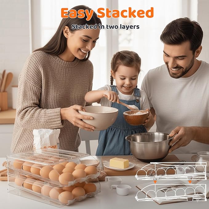 Egg Holder for Fridge, Automatic Steady Rolling Egg Dispenser with Silicone Bumpers & Handle for Refrigerator, Large Capacity Egg Organizer with Lid