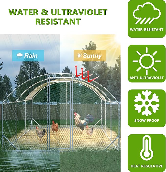 KEIKI Large Metal Chicken Coop, Chicken Run with Waterproof Cover, Farm Poultry Run Hutch Hen House, Heavy Duty Outdoor Walk-in Chicken Pen for Poultry Duck Rabbit, 19.68ft x 9.84ft x 6.56ft
