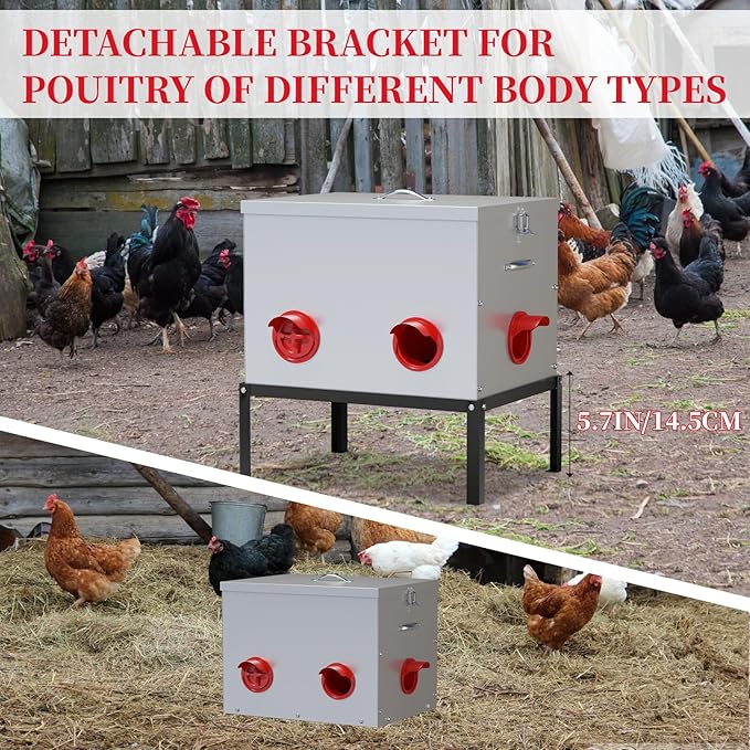 Automatic Chicken Feeder,50LBS 6 Port Large Chicken Feeder with Raise The Base Frame,Waterproof Galvanized Steel Poultry Feeder with Locking Lid for Chicken Coop