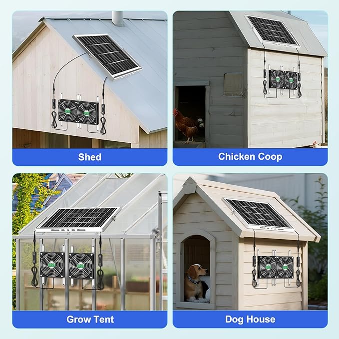 Solar Chicken Coop Fan 2 Kit, 20W Solar Powered Greenhouse Fan Outdoor Waterproof, Solar Exhaust & Intake Fans, 16.7 ft Cord, Hi-Airflow for Shed Dog House Air Circulation Ventilation Cooling