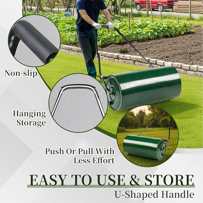 24in Heavy Duty Steel Lawn Roller,Manual Hand Lawns Roller,Water or Sand Filled Garden Rollers,Push/Tow-Behind Yard Rollers,with U-Shaped Handle,for Garden Yard Park Backyard Farm (Green & Black)