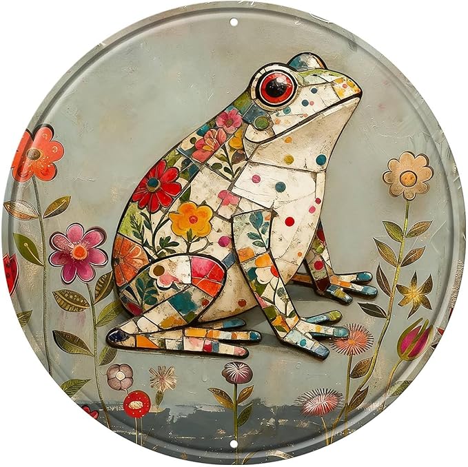 Frog Round Metal Tin Sign Wreath Farm Flowers Rustic Vintage Wall Art Decor for Farmhouse Home Garden Backyard Patio 12x12inch