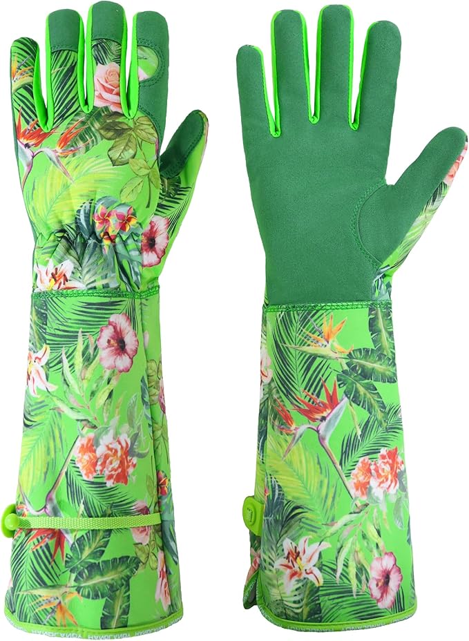 HANDLANDY Women Gardening Gloves, Scratch Resistant Breathable Ladies Rose Pruning Long Gauntlet Floral Print Garden Yard Gloves, Gift for Gardeners (Grass Green, M)