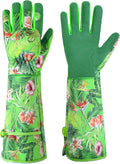 HANDLANDY Women Gardening Gloves, Scratch Resistant Breathable Ladies Rose Pruning Long Gauntlet Floral Print Garden Yard Gloves, Gift for Gardeners (Grass Green, S)