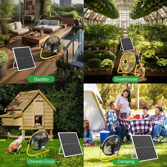 12" Solar Rechargeable Floor Fan for Home Outdoor Camping Gazebo Greenhouse Barn Poultry Pet House Cooling or Air Circulation