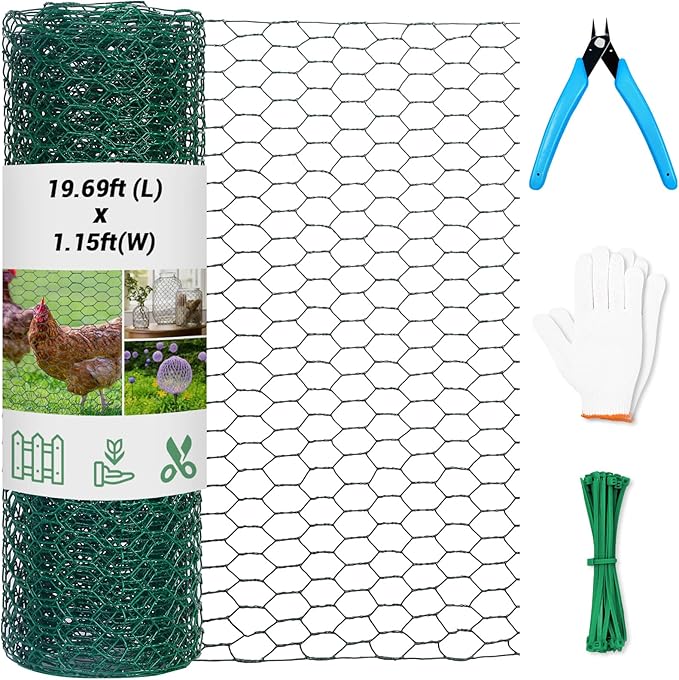 Chicken Wire for Floral Arrangements 13.78 x 236 Inch Lightweight Galvanised Hexagonal Floral Chicken Wire, Green Florist Wire for Garden Poultry Netting for Garden Protection with Wire Ties, Plier