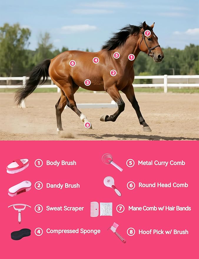 9-Piece Horse Grooming Brush Kit, Silicone Curry Comb & Grooming Brushes for Daily Care, Bathing & Shedding Pink Garnet