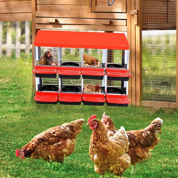 Chicken Nesting Boxes 8 Cells Metal Chicken Nesting Box - Heavy Duty Roll Away Design with Lid Cover & Swing Perch, Easy-Clean Egg Collection System for Chicken Coops - Red