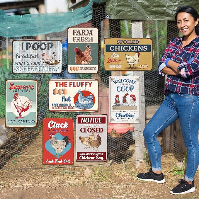 Funny Chicken Coop Decor, 8PCS Metal Chicken Coop Signs Accessories Outdoor, Farm House Personalized Gifts for Yard Fence Decor 12x8 Inches