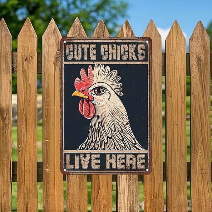 Chicken Metal Signs Cute Chicks Live Here Iron Sign Chicken For Coop Funny Outdoor Sign Garden Backyard Patio Wall Art Decor 12x8 Inch