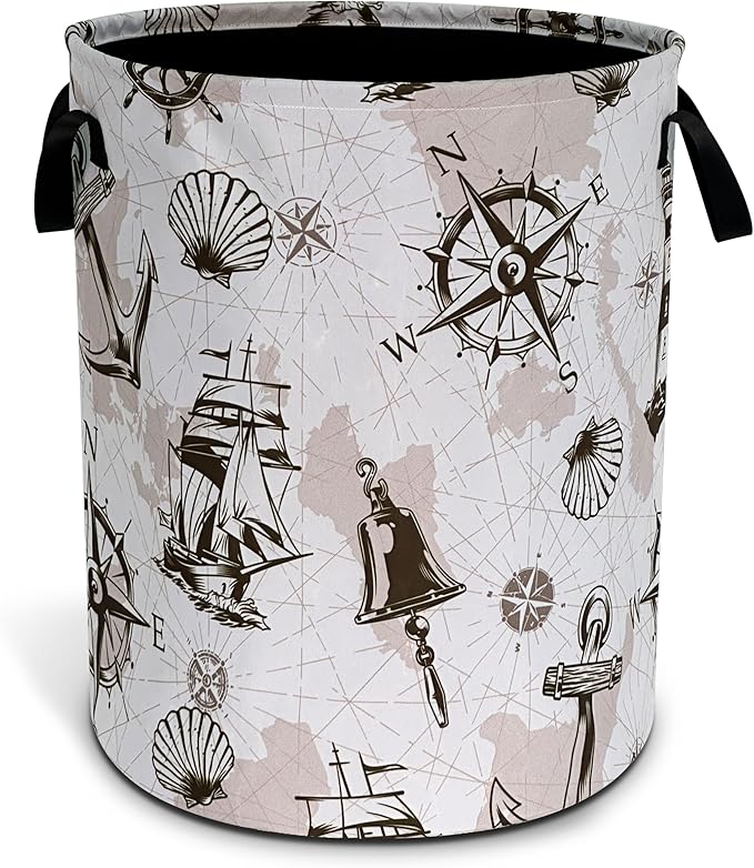 Compass Anchor Sailboat Nautical Laundry Basket Oxford Cloth Laundry Hamper With Handle Foldable Portable Clothes Storage Basket 18.9 X 16.5 Storage Bag For Laundry Room/Bathroom/Bedroom/Dormitories