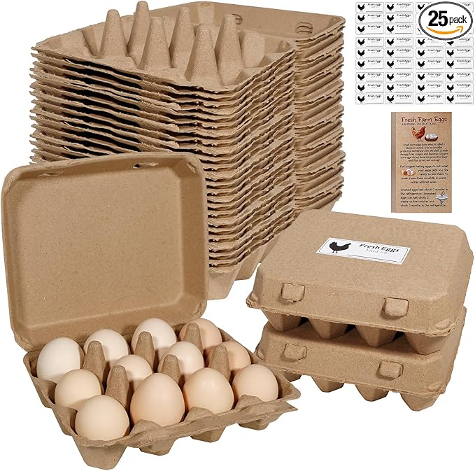 25 Pack Egg Cartons Bulk, 3×4 Style Reusable Empty Natural Paper Pulp Cardboard Egg Tray Holder Containers for Farmers, Home Use & Transport