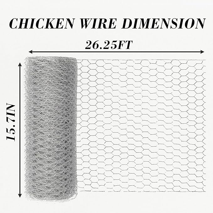 Chicken Wire Mesh, 15.75IN x 49.17FT Hexagonal Galvanized Steel Chicken Wire Fence, Metal Poultry Wire Netting for Chicken Coop Rabbit Dogs Barrier