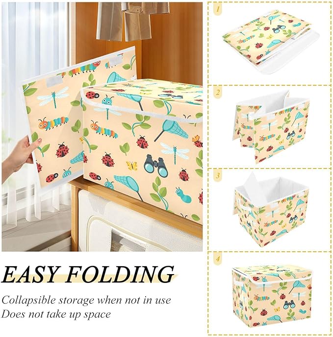 Dragonfly Caterpillar Butterfly Net Storage Bins with LidsBinoculars Leaves Bug Foldable Storage Basket with Handles Collapsible Large Fabric Organizer Containers for Clothes Shelves Closet Off