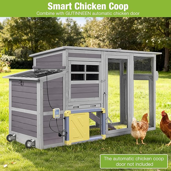 GUTINNEEN Chicken Coop with Wheels Portable Hen House for 4-6 Chickens with Large Run, Nesting Box, Metal Tray, 74.9"