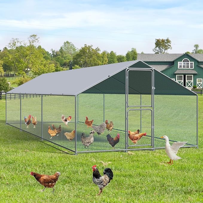 LotFun Metal Chicken Coop, Outdoor Chicken Runs for Yard with Waterproof & Anti-UV Cover, Double Lockable Doors, Outdoor Hen/Duck/Rabbit Runs for 30 Chickens (236.4" L x 117.6" W x 79.2" H)