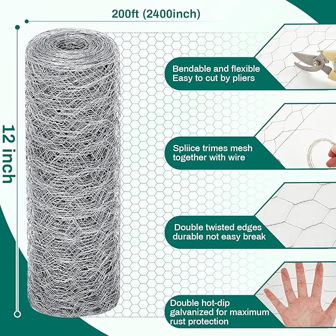 12 in X 200 ft Chicken Wire Fencing Metal Floral Chicken Wire Mesh for Crafts Poultry Garden, 1 Inch Hexagonal Galvanized Hardware Cloth Netting for Poultry Coop Barrier Rabbit Cage (Silver)