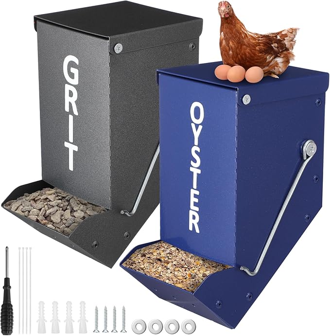 Zonon 2 Pcs Chicken Grit Feeder Metal Automatic Oyster Shell Feeder with Lid Hanging Gravity Poultry Chicken Coop Accessories for Hens Chicks Cages Wall Pillar, Navy Blue and Grey