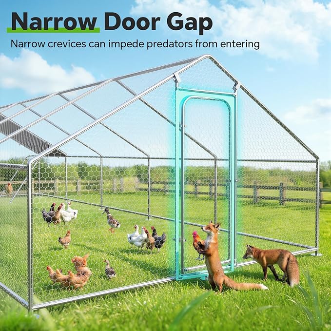 Large Metal Chicken Coop with Roosting Perch, Waterproof and UV Protection Cover, Chicken Run Outdoor Walk-in Cage Chicken Rabbit Duck Hen House, Spire Roof (10'W x 32.8'L x 6.4'H)