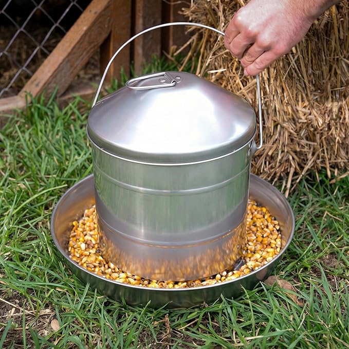 Plexon 17.6 Lb Stainless Steel Hanging Chicken Feeder no Waste Food-Grade Large - Turkey Duck Poultry Feeder for Chicken Metal - Heavy Duty Reliable Long-Lasting with Handle