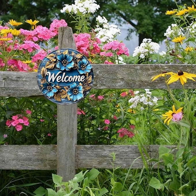 Flower Round Metal Tin Sign Wreath Welcome Floral Wreath Vintage Wall Art Decor for Home Porch Garden Decor 8x8inch
