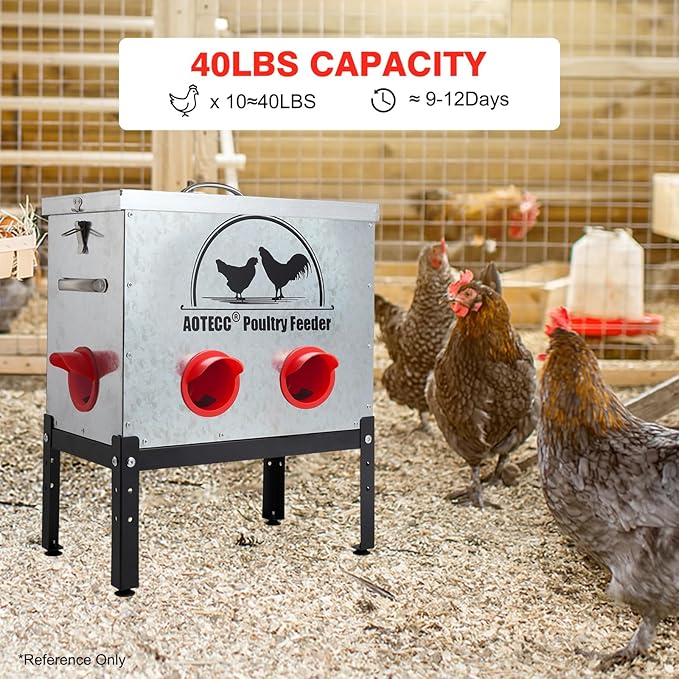 Metal Chicken Feeder, 40lb Automatic Chicken Feeder - 6 Feeding Ports, No Waste Poultry Feeder with Locking Lid & Legs for Outdoor Inside Chicken Coops Geese Ducks, Weatherproof, Rodent Proof