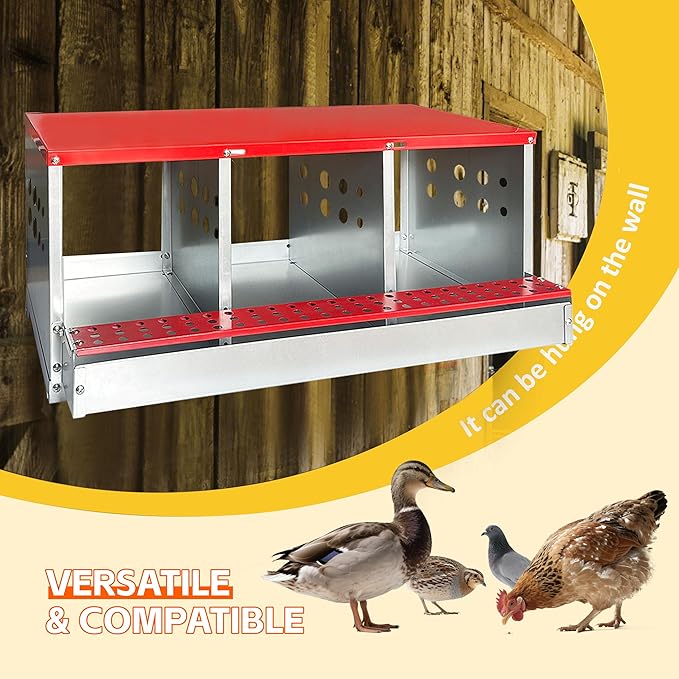 Chicken Nesting Boxes, 3 Compartments Metal Chicken Laying Box with Roll Out Egg Collection with Large Vented Holes for Chickens, Hens, Ducks, Large Egg Laying Boxes (3 Compartments)