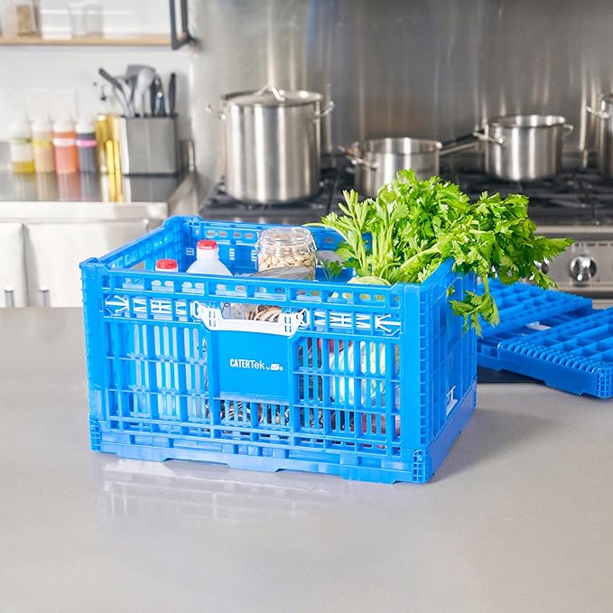 Restaurantware Plastic Milk Crates for Storage - 10 Pack - Cater Tek Stackable Storage Buns for Organizing - Collapsible Storage Basket for Groceries, Home Supplies, Blue