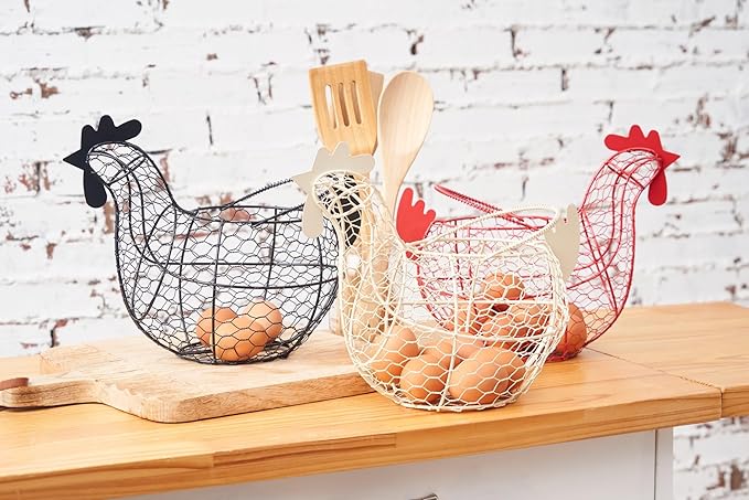tag 11.5 inch Black Farmhouse Rustic Vintage Chicken Wire Egg Basket with Handle for Egg Holder Fruit and Kitchen Living Room Home Rooster Decor Decoration Collecting and Countertop Storing Eggs