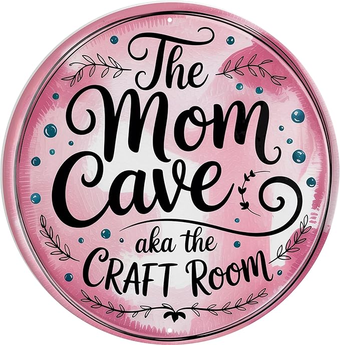 AWISZZZ Mom Cave Craft Room Metal Sign 8x8in Round Boho Plaque for Mothers Wall Decor DIY Gift