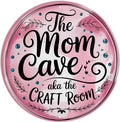 AWISZZZ Mom Cave Craft Room Metal Sign 8x8in Round Boho Plaque for Mothers Wall Decor DIY Gift