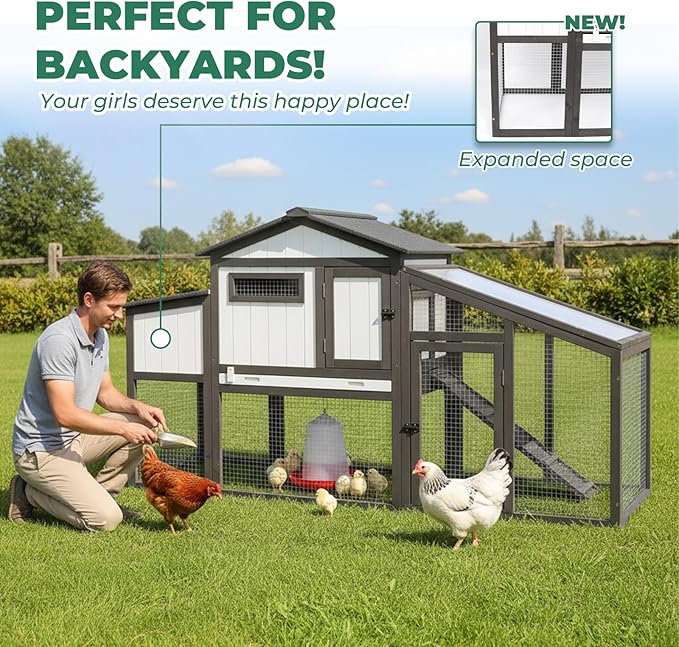 Large Chicken Coop with Run, Wooden Chicken Hen House Quail Coop with 2 Nesting Box, UV-Resistant Roof, Pull Out Tray, Outdoor Poultry Hutch Cage for Chickens Quails