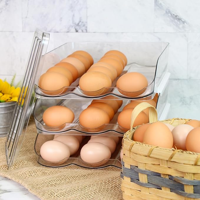Egg Container for Refrigerator - Clear Stackable 3 Tier Plastic Egg Holder Drawer - 4 Dozen Capacity Farm Eggs Organization Storage Trays for Fridge or Kitchen Counter