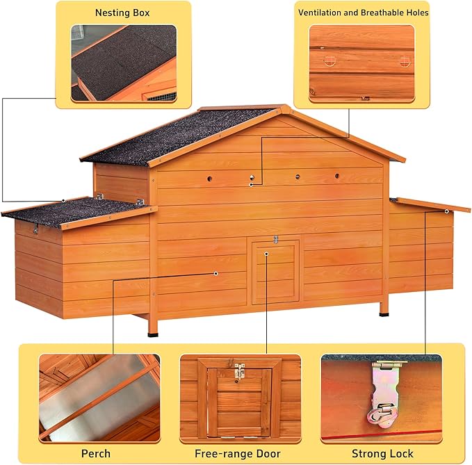 Wooden Chicken Coop for 2-4 Chickens with Nesting Box, 69.9" Large Chicken House Poultry Pet Hutch with Waterproof Roof, Outdoor Chicken Tractor with Secure Lock and Pull-Out Tray, Natural