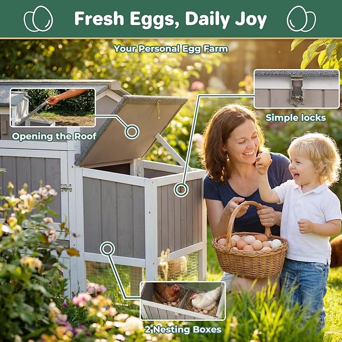 PetsCosset Chicken Coop with Wheels, Weatherproof Large Hen House Mobile Chicken Tractor with Nesting Box, Roosting Bars, Pull-Out Tray, Asphalt Roof & Fun Swing for Chickens Quails, Backyard Farm Use
