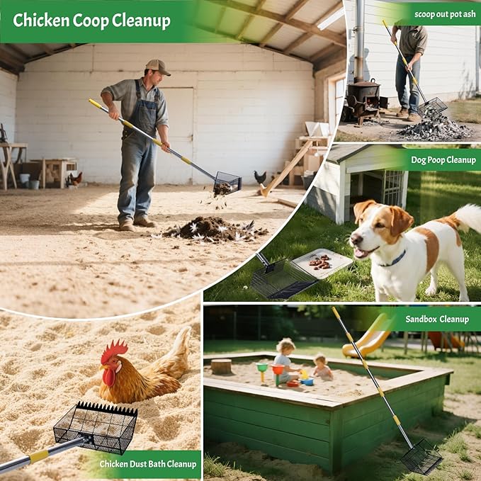 Chicken Coop Poop Scooper Rake for Sand - Lightweight Metal Cleaning Tool,Adjustable 24"-65" Handle, 12" Wide Sifter Shovel for Chicken Run,Litter Box,Dog Yard, Rabbit Hutch,Kids Sandboxes