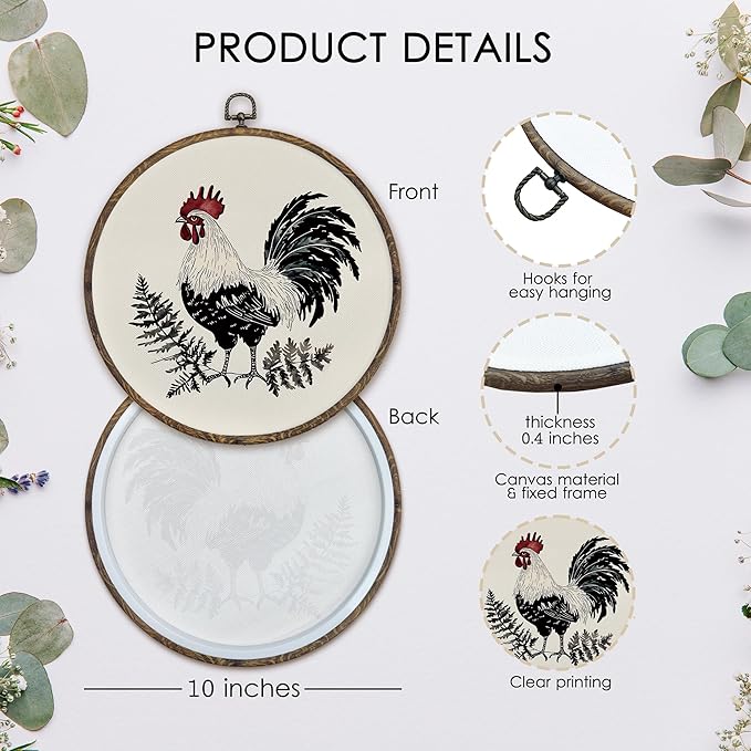 KFXHANGD Farmhouse Chicken Round Wall Art Framed, Rooster Kitchen Decor, Rustic Rooster Canvas Wall Art Decor, Retro Chicken Hanging Wall Decor for Kitchen Bathroom, Chicken Lover Gifts, 10x10In
