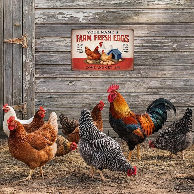 Personalized Metal Sign Farm Fresh Eggs Custom Name Rustic Wall Decor Farm Raised Laid Daily Chicken Coop Decor for Kitchen Backyard Barn Chicken Coop Gift