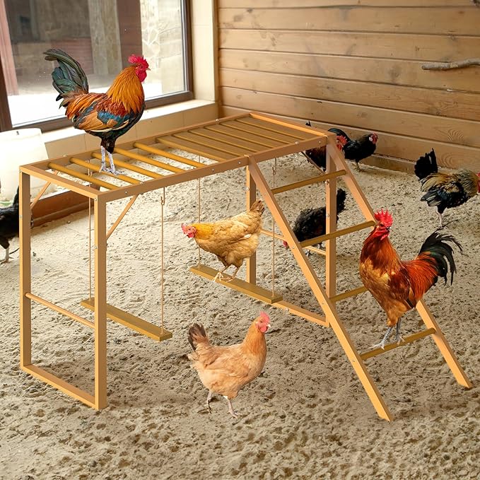 Chicken Perch Swing, Chicken Roosting Bars with Ladder for Coop, Metal Pet Swing Set for Pet's Healthy & Happy for 8-10 Chick, Yellow