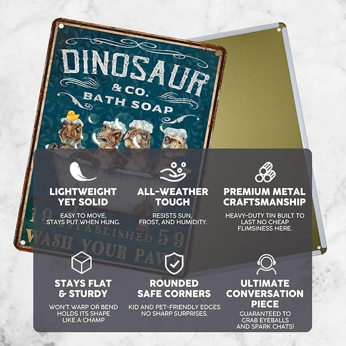 Vintage T-Rex Tin Sign Wash Your Paws Retro Bathroom Metal Sign Funny Dinosaur Nostalgic Wall Decor Decorations for Home Bedroom Toilet Man cave Cafe Kitchen Bar Office Garage 16 * 12In