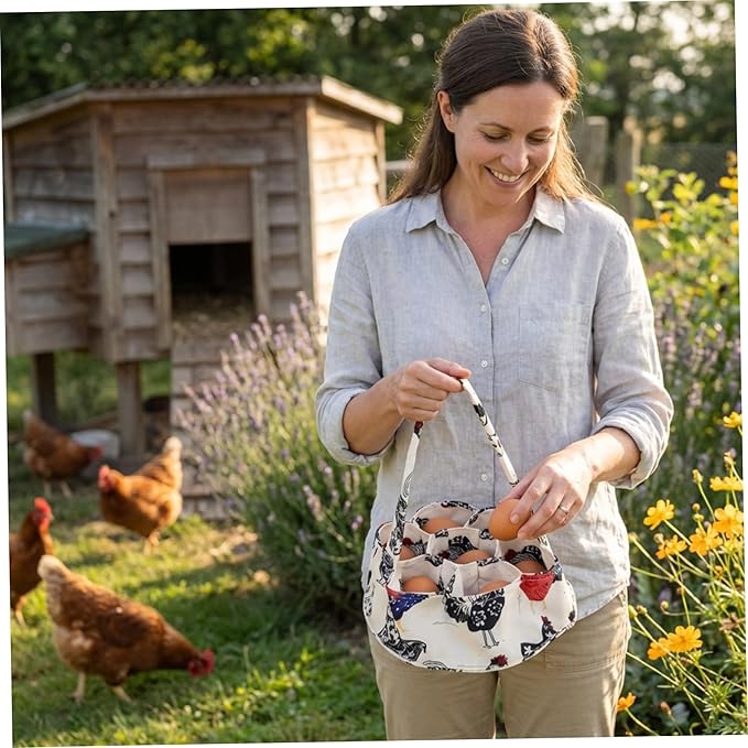 Egg Basket, Egg Collecting Basket, Handheld Chicken Holder with 7 Individual Bags for Gathering Fresh Eggs Safely from Coop to Kitchen, Gathering