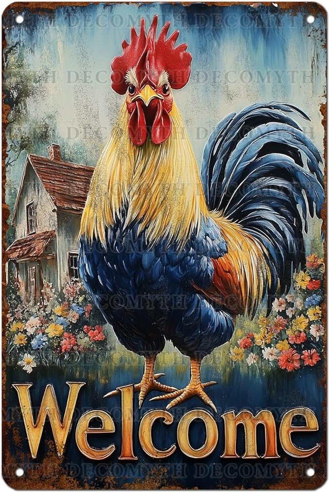 Vintage Rooster Tin Sign Welcome Retro Chicken Rustic Wall Decor Nostalgic Art Funny Coop Metal Poster Outdoor Store Cafe Farmhouse Kitchen Garden Plaque Bar Pubs Yard Farm 12 * 8inch