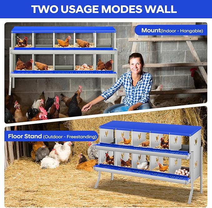 GarveeLife Chicken Nesting Box, 10 Compartments Nesting Box for Chickens, Two-Tier Galvanized Steel Chicken Egg Laying Box with Large Vented Holes Wall Mounting for Easy Egg Collection