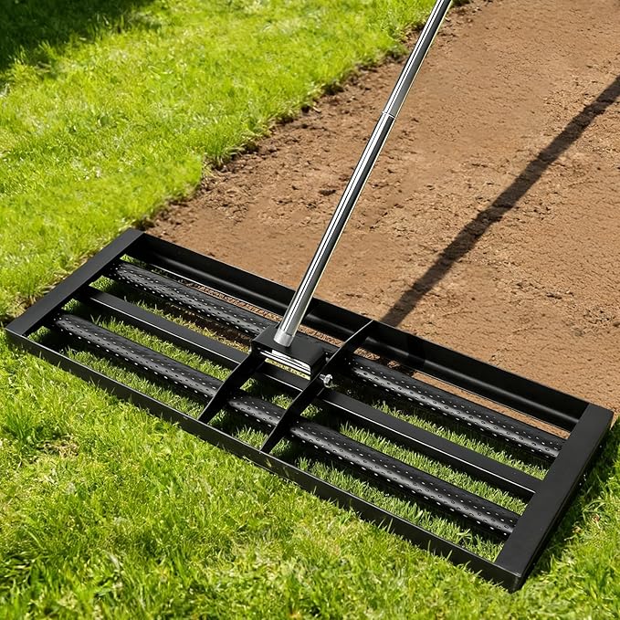 Lawn Leveling Rake 30"×10", Stainless Steel Landscaping Tool with 8ft Adjustable Handle, Effort-Saving with 2 Rollers, Foldable Leveler Rake for Yard, Topsoil, Farm, Backyard, Black