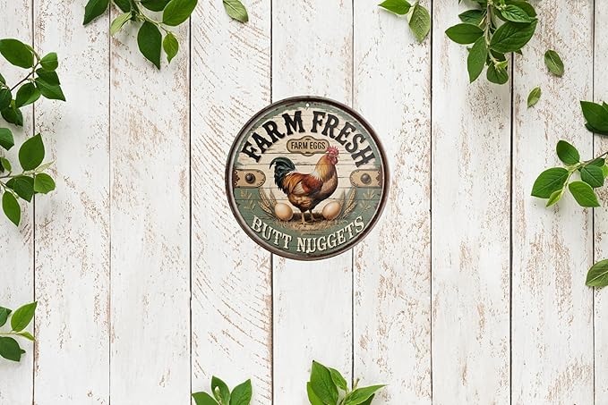 Rustic Farmhouse Metal Sign 8x8 in Round Chicken Coop Decor Vintage Farm Fresh Eggs Wall Art Antique Kitchen & Outdoor Decorative Plaque Chicken Coop Accessories