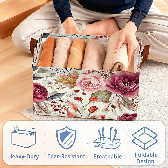 Vintage Pink Flower Storage Baskets,Foldable Large Capacity Organizer Bins with Waterproof Lining and Leather Handles for Closet,Shelf,Bedroom 17x11.5x10Inch