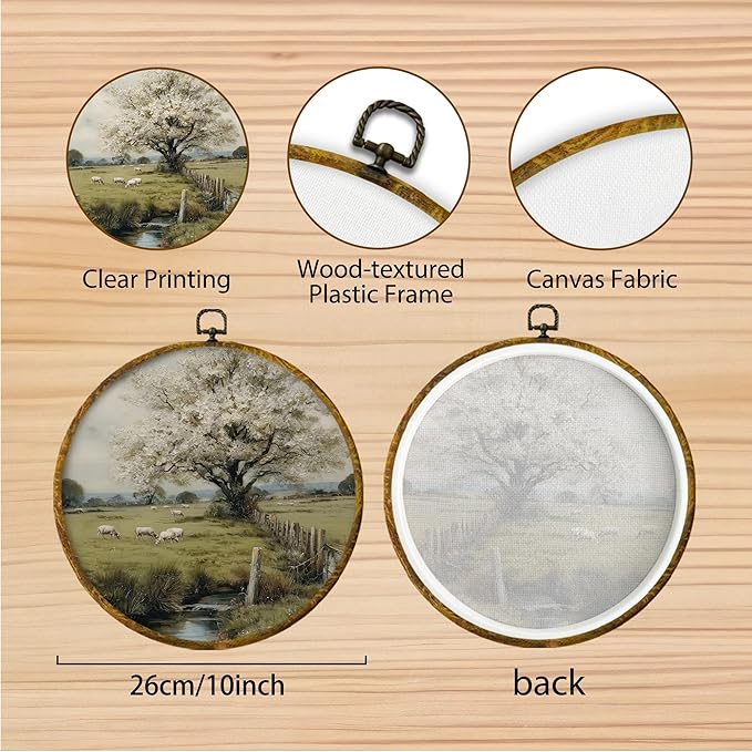 Hiuwevt Vintage Rustic Farmhouse Sheep Round Wall Art Decor, Country Landscape Framed Canvas Prints, Retro Farm Animals Round Wall Hanging Decor for Home Bedroom Living Room Decorations, 10x10 Inches